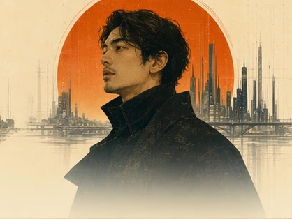 Daichi Ito illustrated before a red sun and dense machine city.